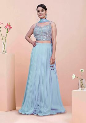 Blue Lehenga Set With Hand Embroidered Blouse And Dupatta