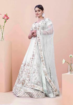 White Lehenga Set With Hand Embroidered Blouse And Dupatta