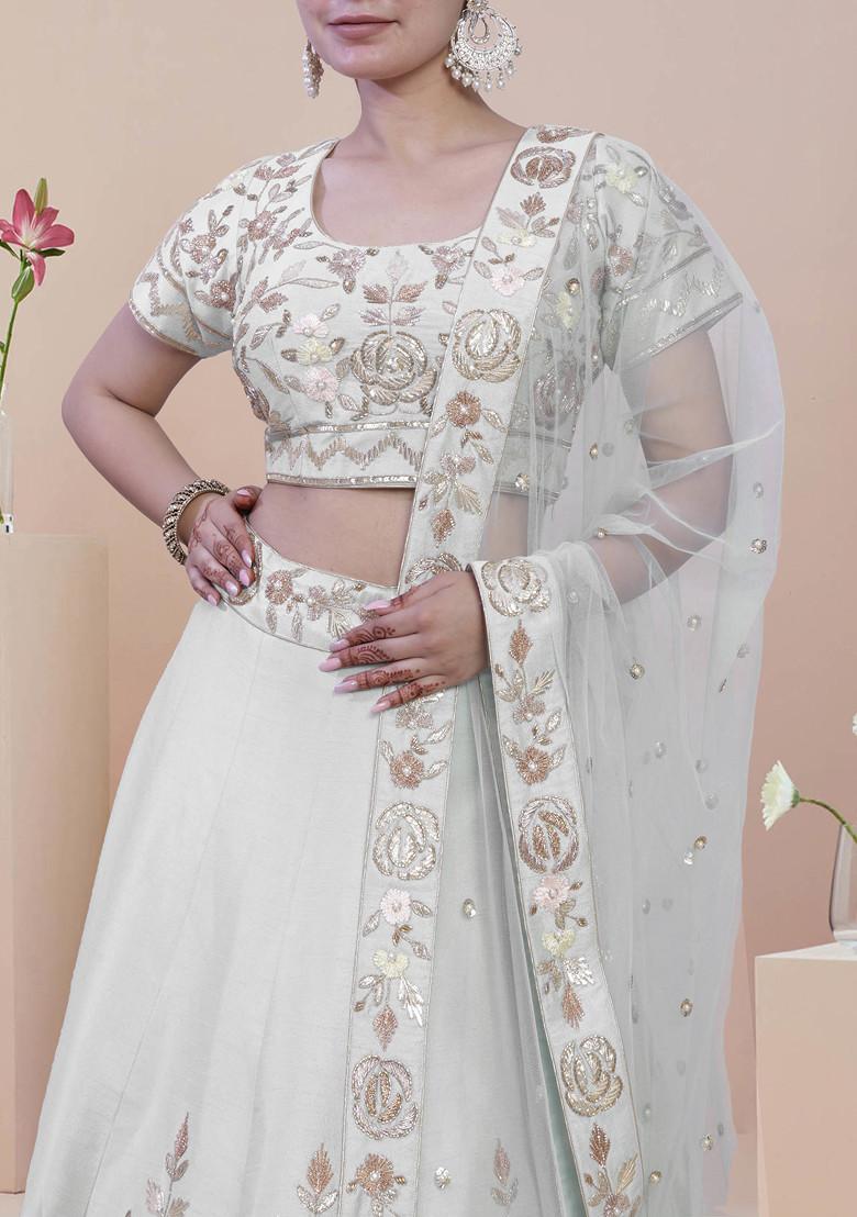 White Lehenga Set With Hand Embroidered Blouse And Dupatta