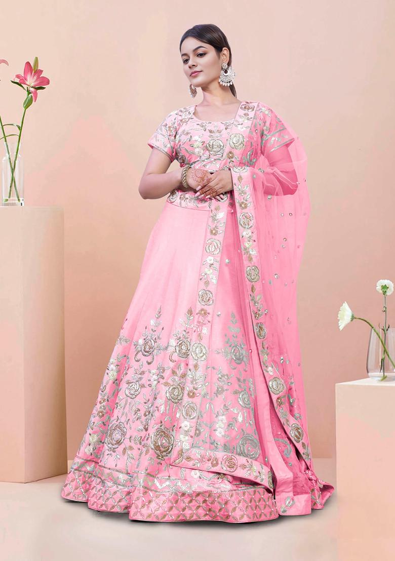 Pink Lehenga Set With Hand Embroidered Blouse And Dupatta