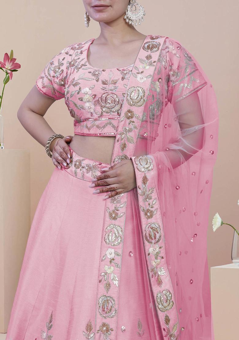 Pink Lehenga Set With Hand Embroidered Blouse And Dupatta