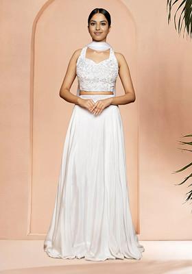 White Skirt Set With Hand Embroidered Blouse And Dupatta