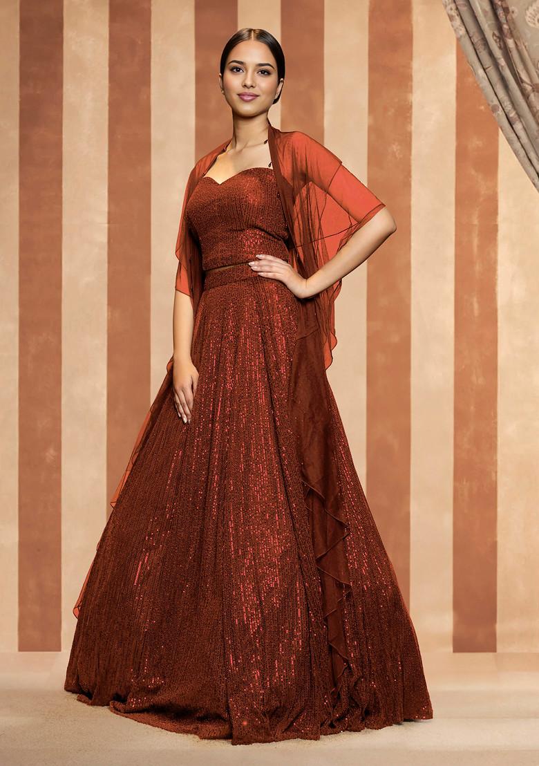Rust Brown Lehenga Set With Hand Embroidered Blouse And Dupatta