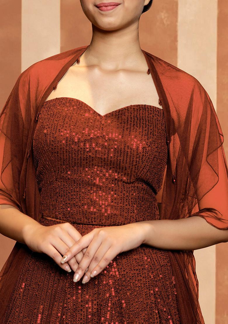 Rust Brown Lehenga Set With Hand Embroidered Blouse And Dupatta
