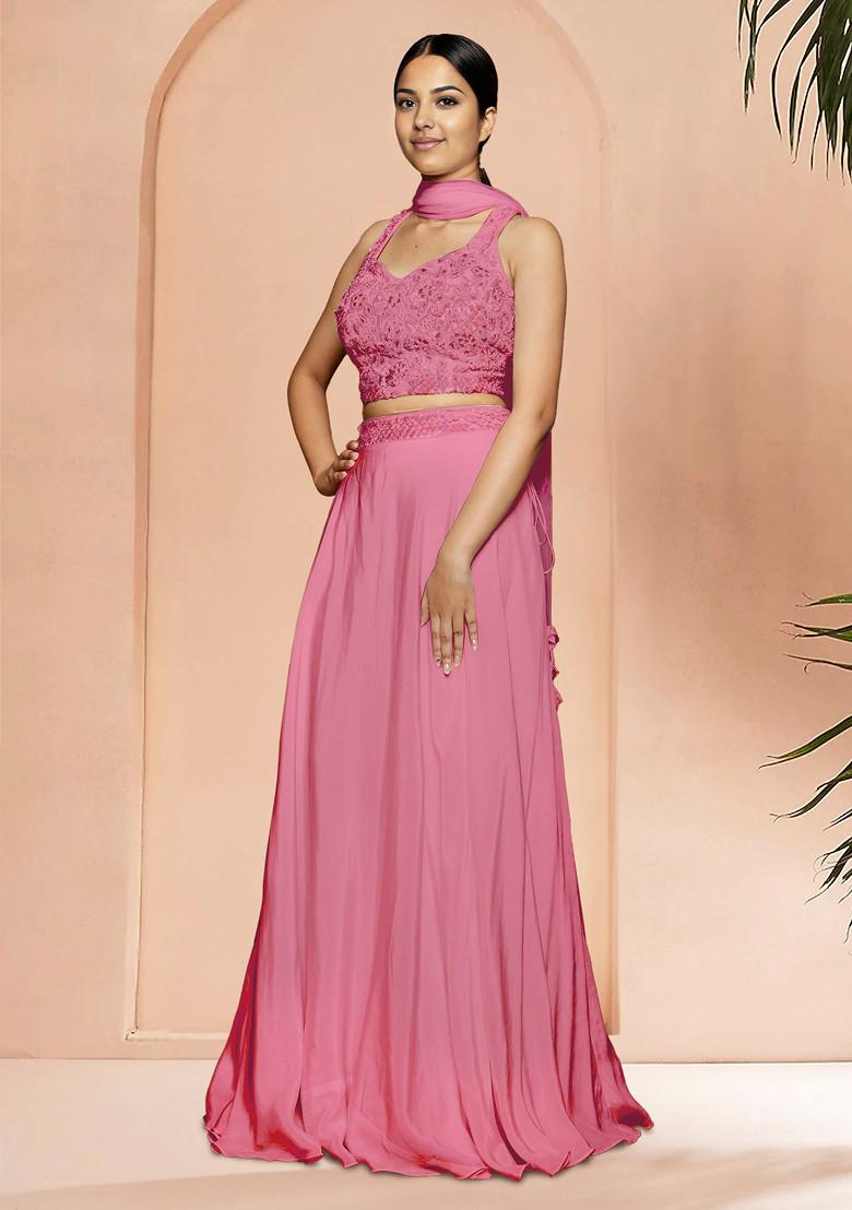 Pink Skirt Set With Hand Embroidered Blouse And Dupatta