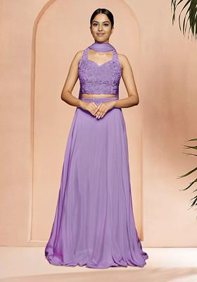 Purple Skirt Set With Hand Embroidered Blouse And Dupatta