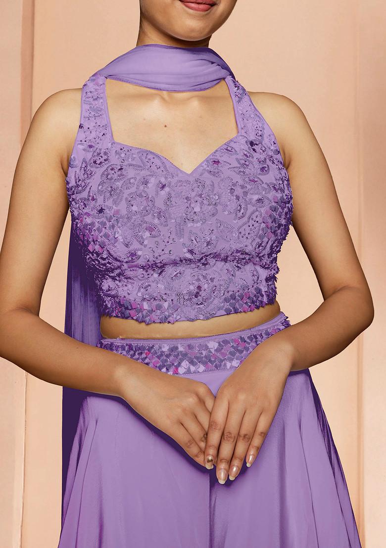 Purple Skirt Set With Hand Embroidered Blouse And Dupatta