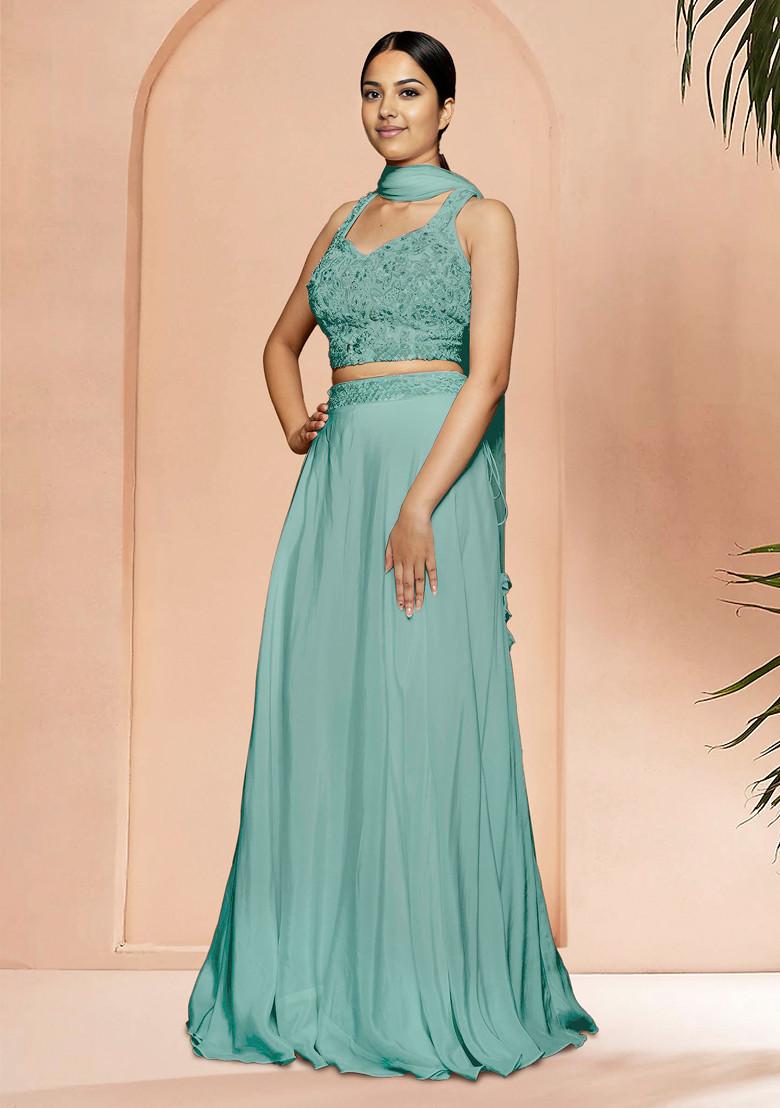 Green Skirt Set With Hand Embroidered Blouse And Dupatta