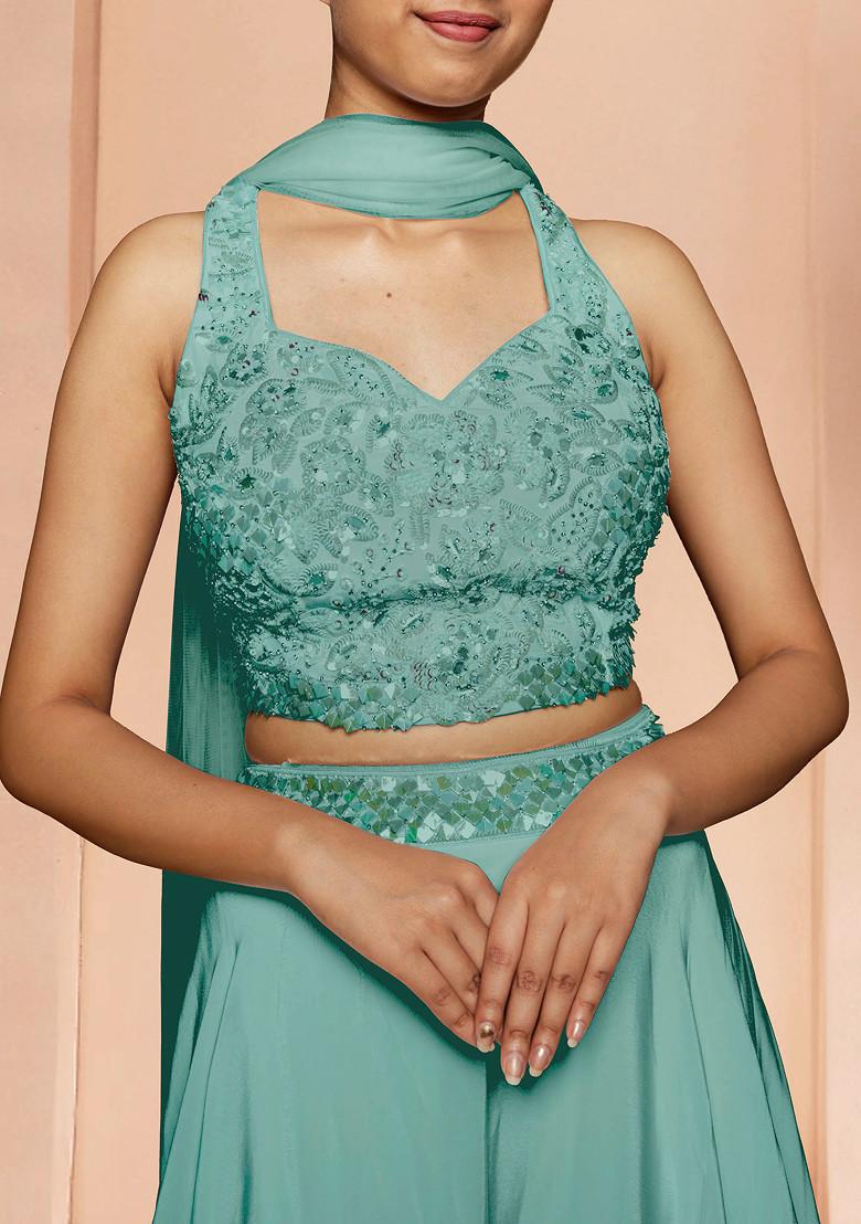 Green Skirt Set With Hand Embroidered Blouse And Dupatta