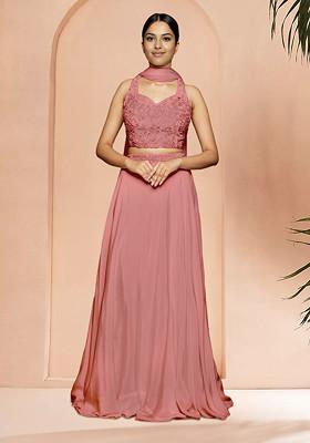 Peach Skirt Set With Hand Embroidered Blouse And Dupatta