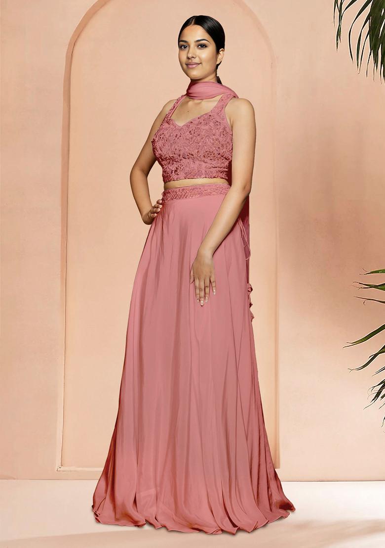 Peach Skirt Set With Hand Embroidered Blouse And Dupatta