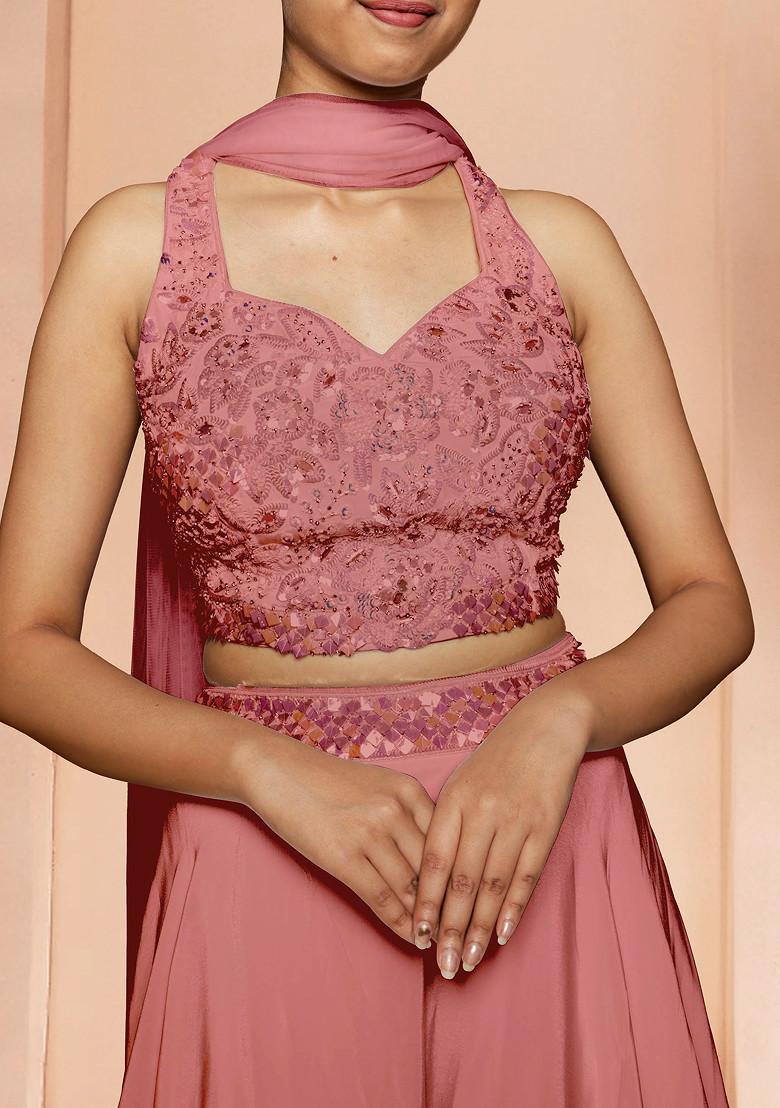 Peach Skirt Set With Hand Embroidered Blouse And Dupatta