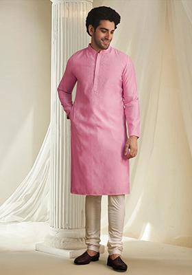 Pink Hand Embroidered Kurta For Men
