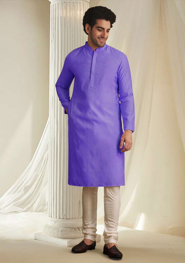 Purple Hand Embroidered Kurta For Men - Indya