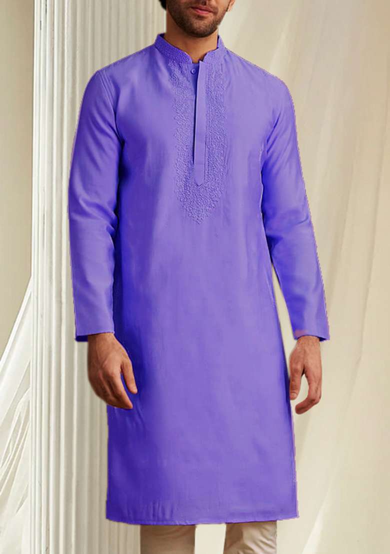 Purple Hand Embroidered Kurta For Men - Indya