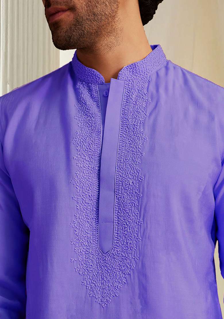 Purple Hand Embroidered Kurta For Men - Indya
