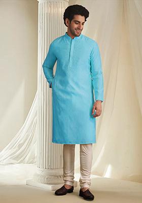 Blue Hand Embroidered Kurta For Men