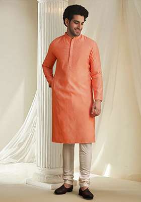 Orange Hand Embroidered Kurta For Men