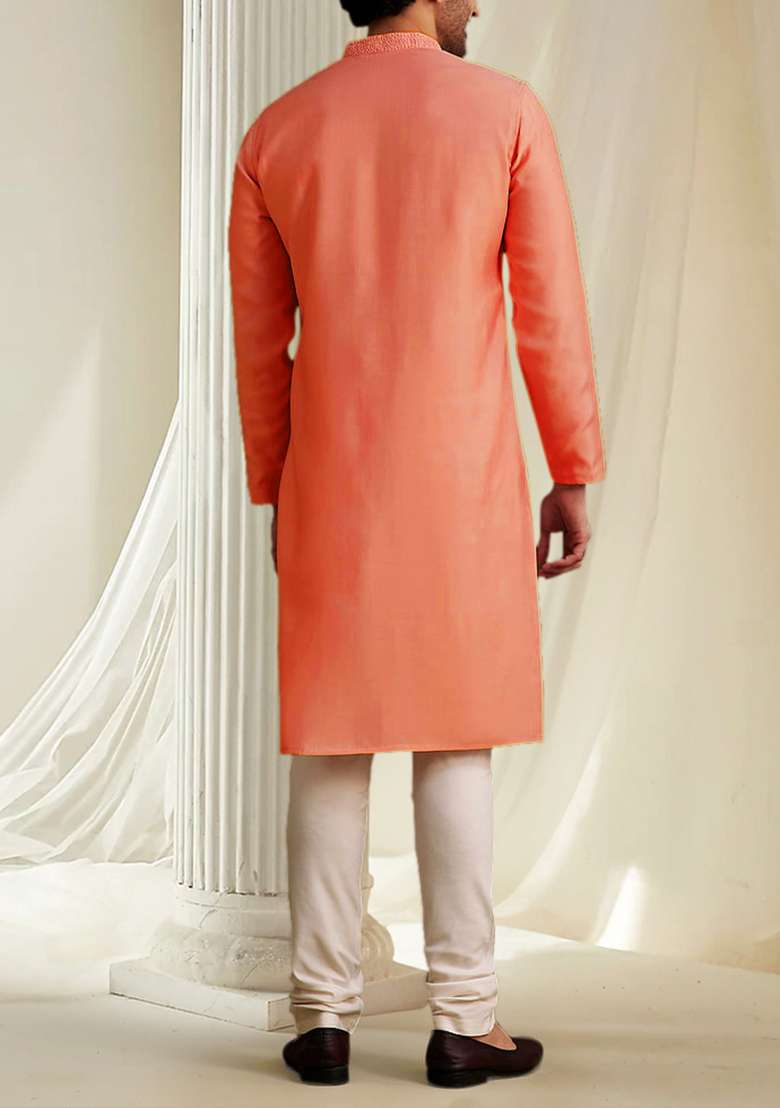 Orange Hand Embroidered Kurta For Men - Indya