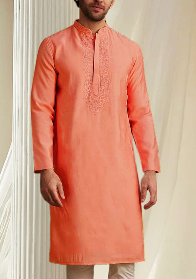 Orange Hand Embroidered Kurta For Men - Indya