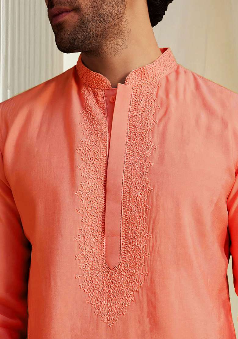 Orange Hand Embroidered Kurta For Men - Indya