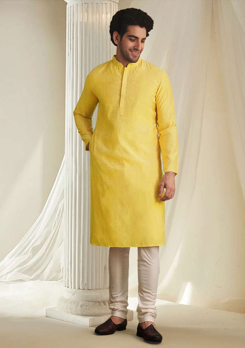 Yellow Hand Embroidered Kurta For Men - Indya