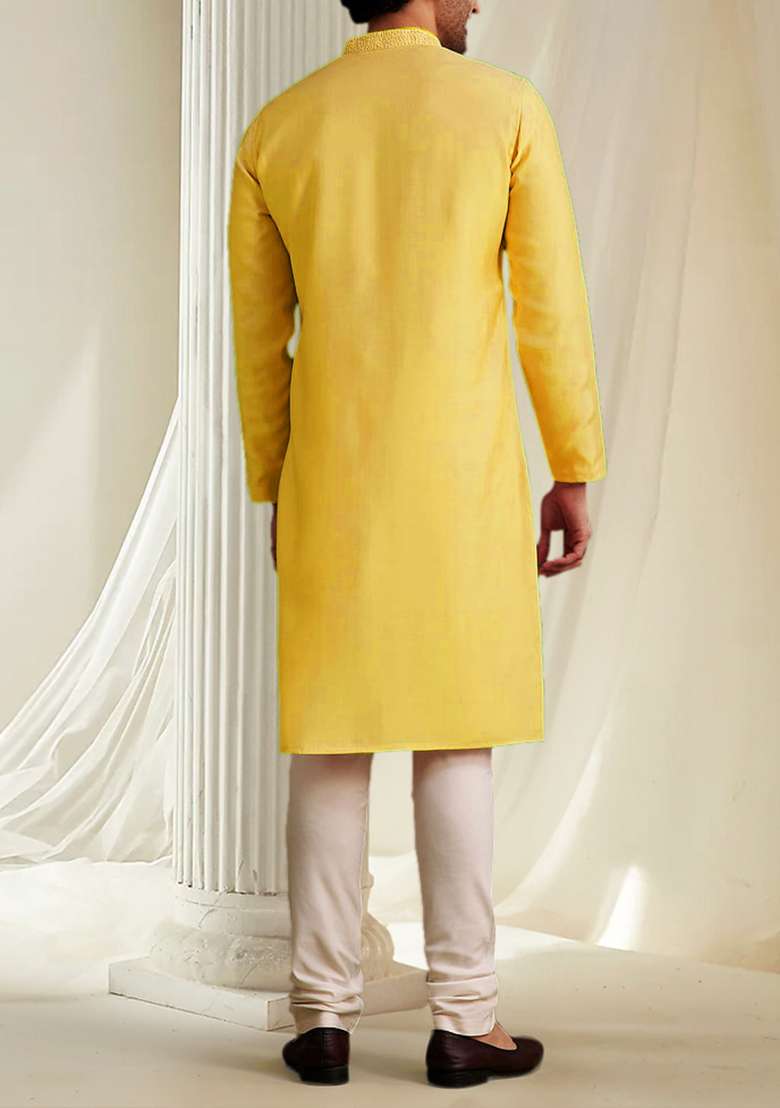 Yellow Hand Embroidered Kurta For Men - Indya