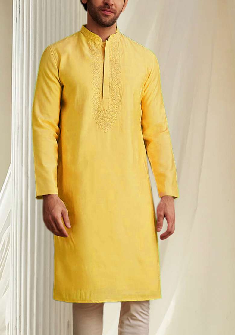 Yellow Hand Embroidered Kurta For Men - Indya