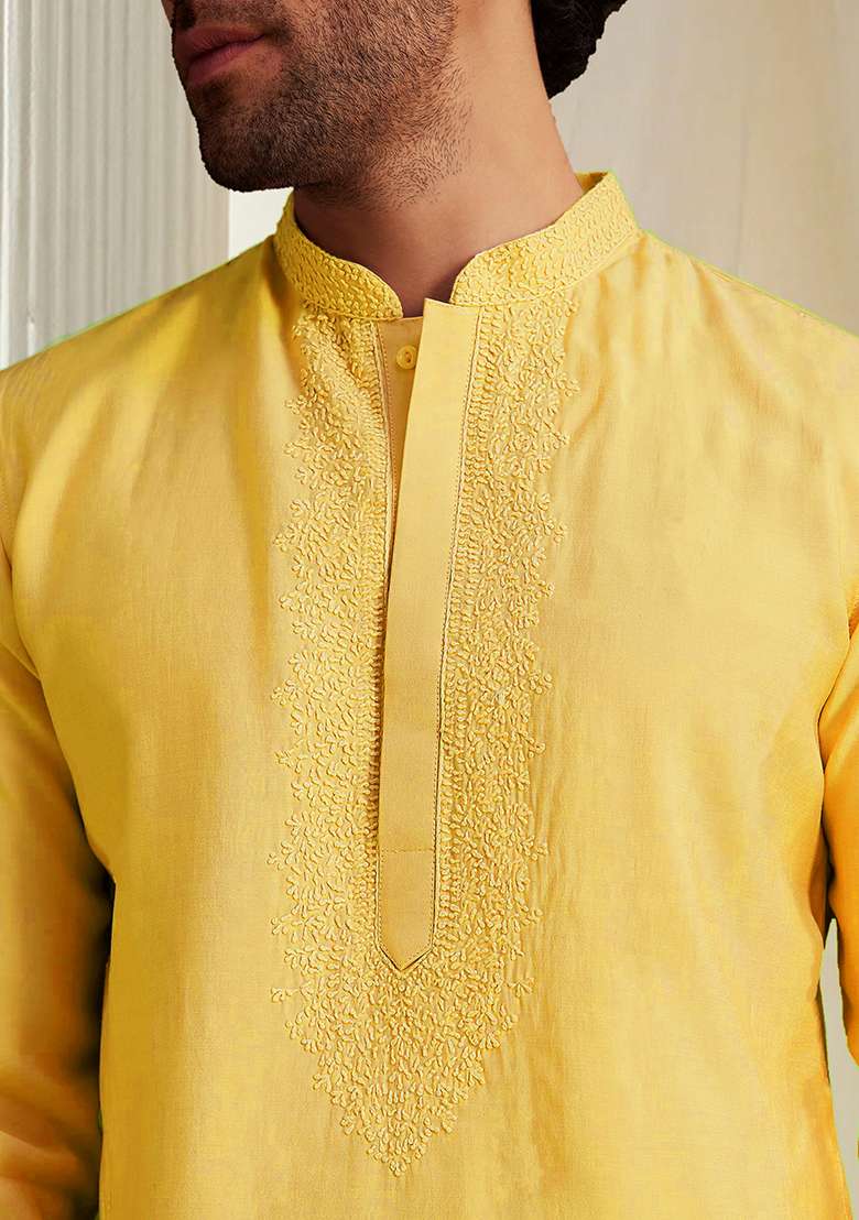 Yellow Hand Embroidered Kurta For Men - Indya