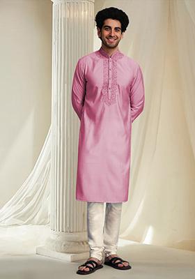 Pink Hand Embroidered Kurta For Men
