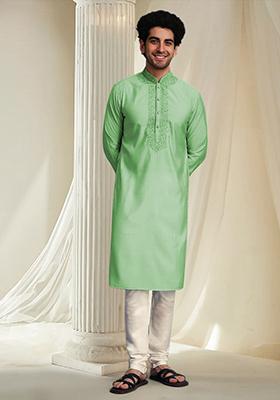 Green Hand Embroidered Kurta For Men