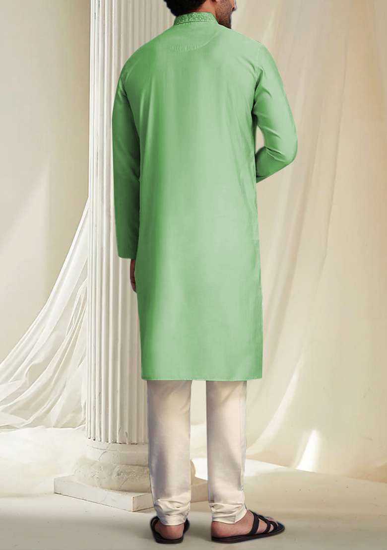 Green Hand Embroidered Kurta For Men - Indya