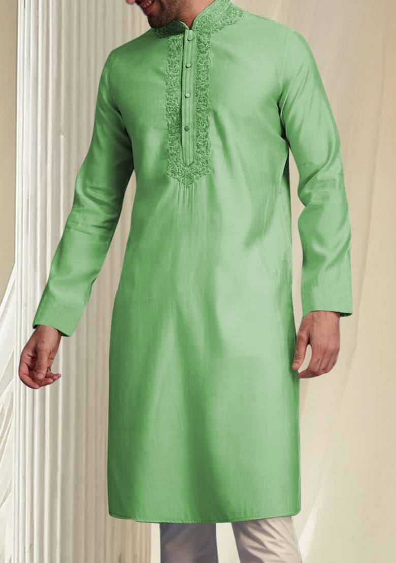 Green Hand Embroidered Kurta For Men - Indya