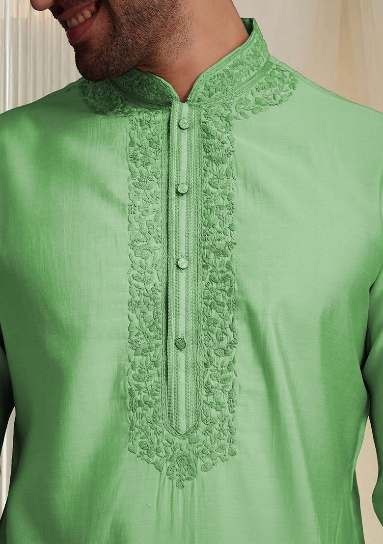 Green Hand Embroidered Kurta For Men - Indya