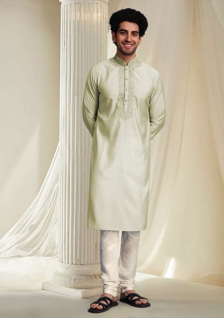 Cream Hand Embroidered Kurta For Men - Indya