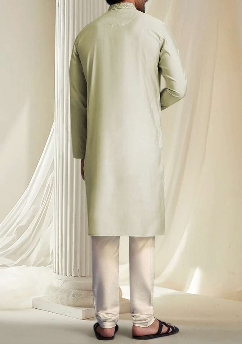 Cream Hand Embroidered Kurta For Men - Indya
