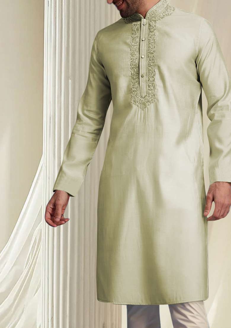 Cream Hand Embroidered Kurta For Men - Indya