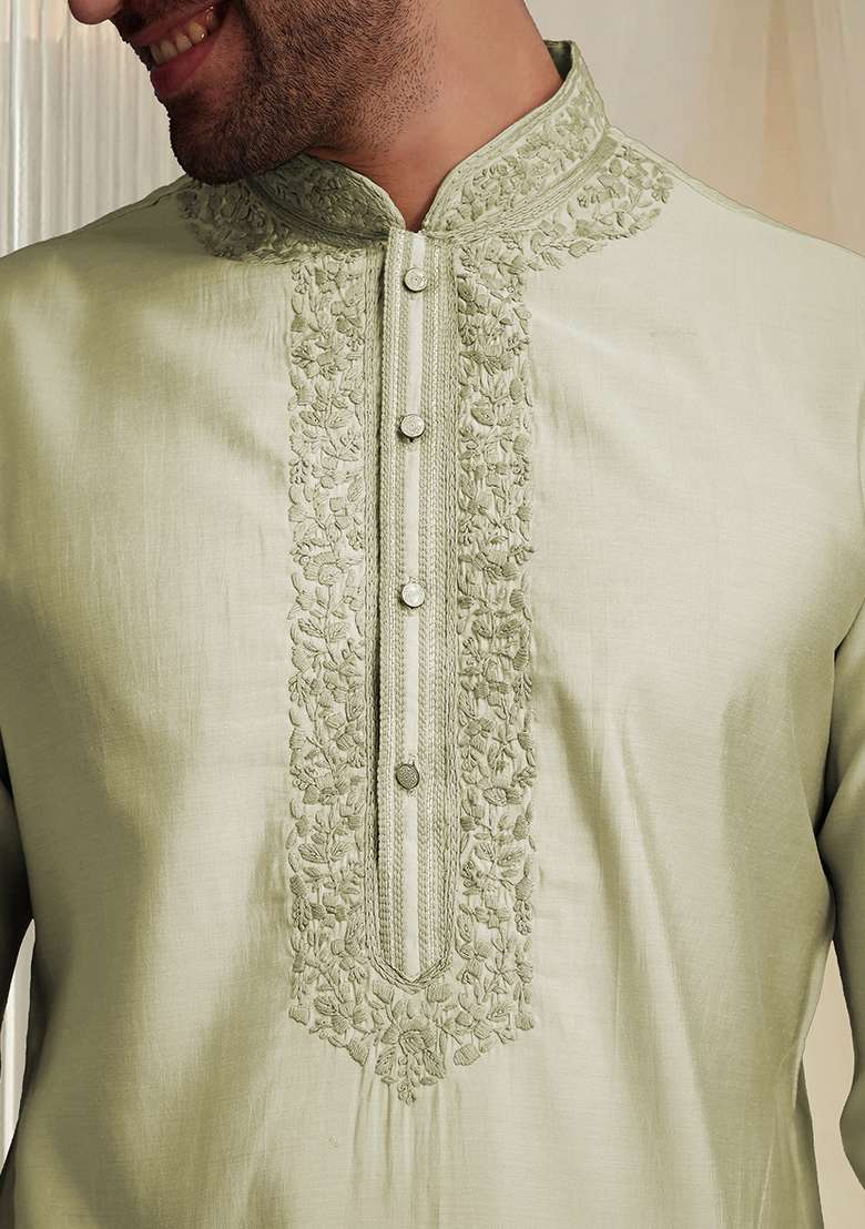 Cream Hand Embroidered Kurta For Men - Indya