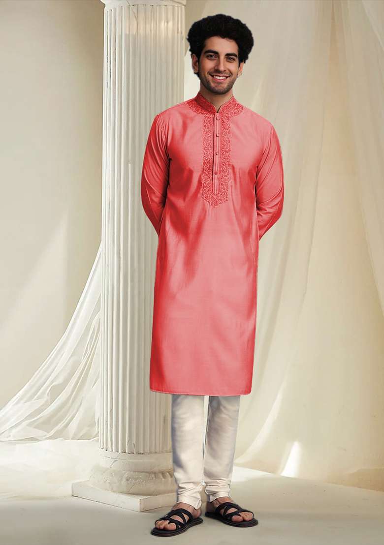 Coral Hand Embroidered Kurta For Men - Indya