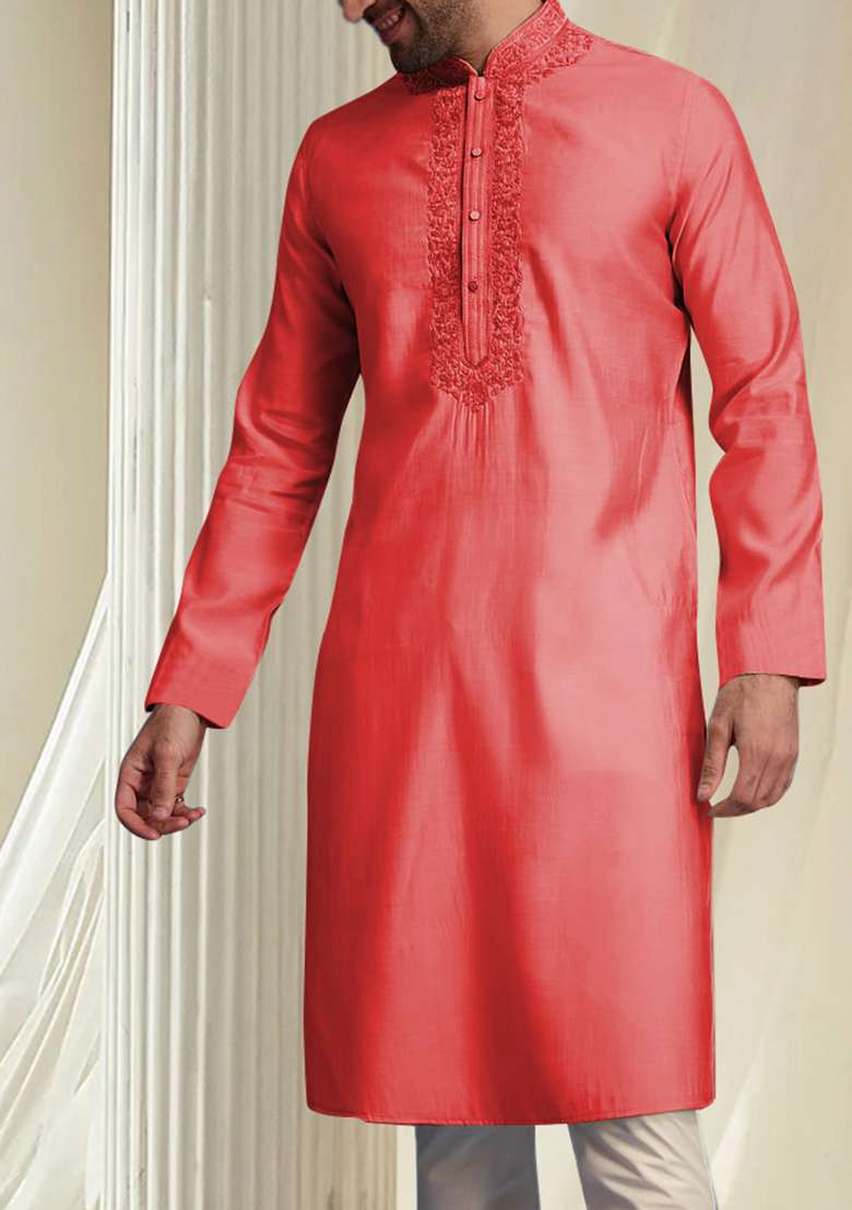 Coral Hand Embroidered Kurta For Men - Indya