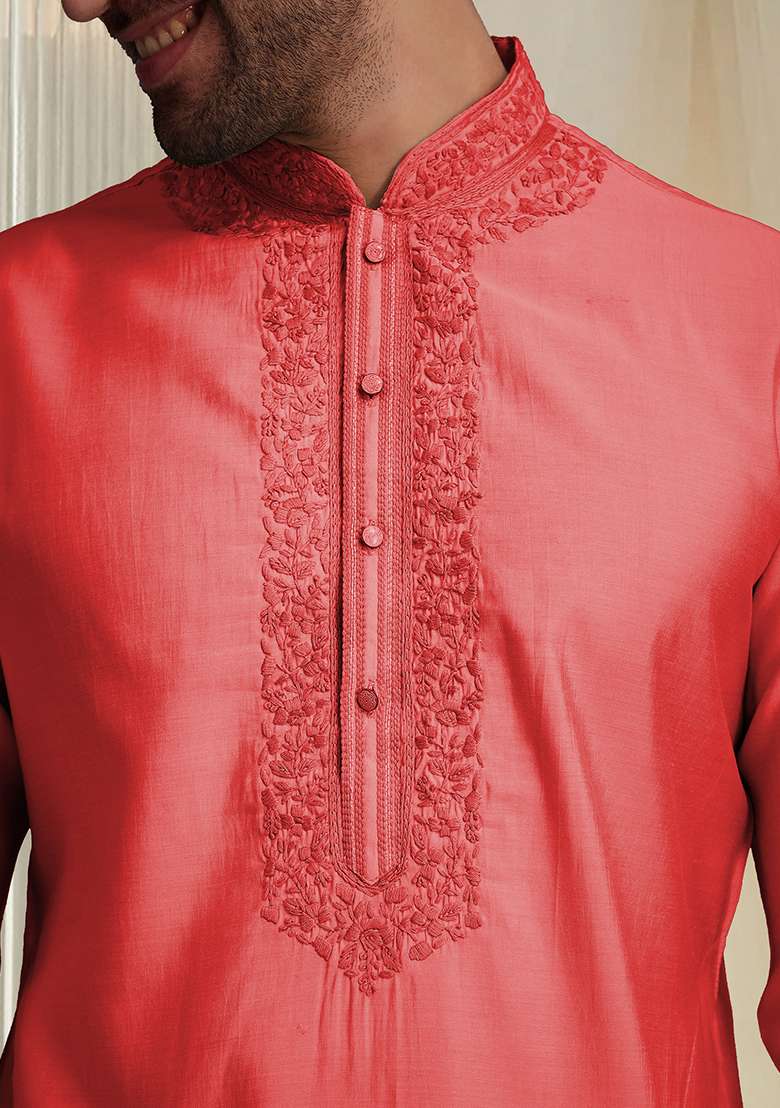 Coral Hand Embroidered Kurta For Men - Indya