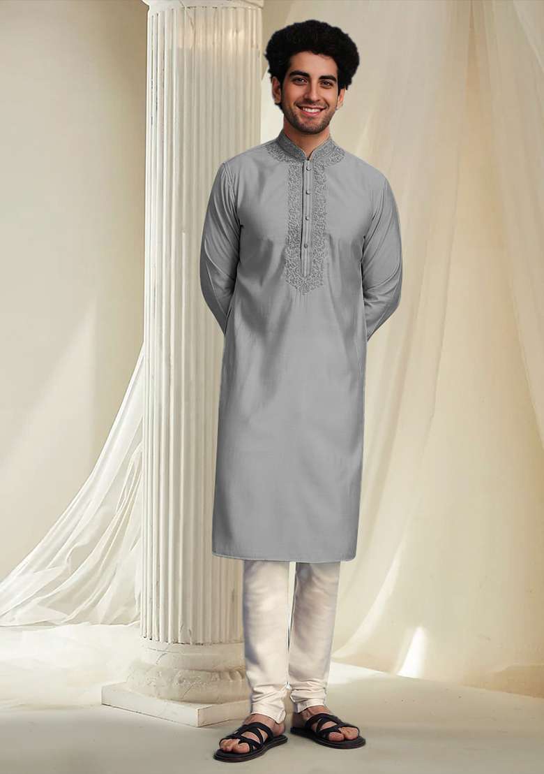 Grey Hand Embroidered Kurta For Men - Indya