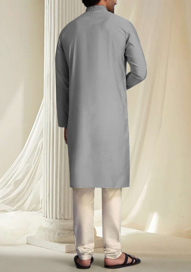 Grey Hand Embroidered Kurta For Men - Indya