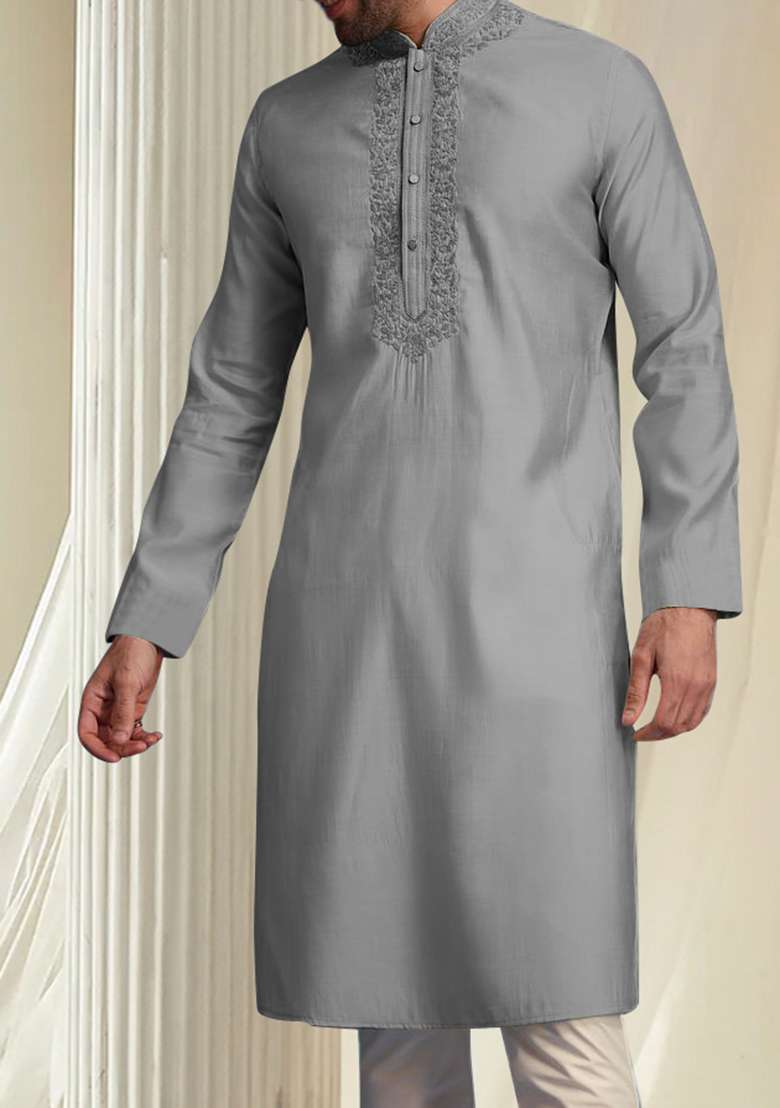 Grey Hand Embroidered Kurta For Men - Indya