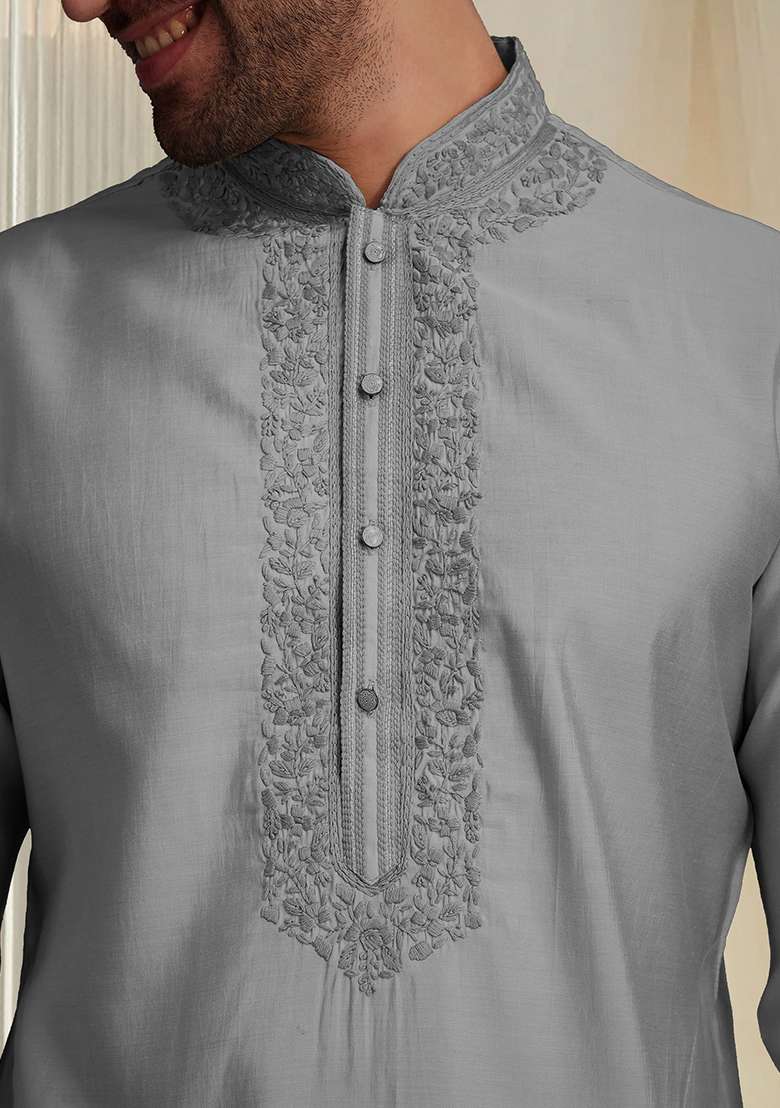 Grey Hand Embroidered Kurta For Men - Indya