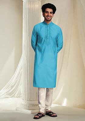 Blue Hand Embroidered Kurta For Men