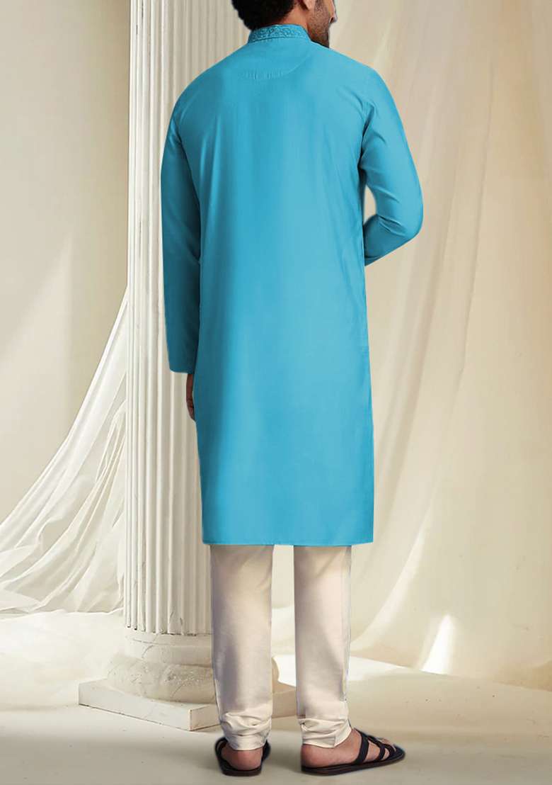 Blue Hand Embroidered Kurta For Men - Indya