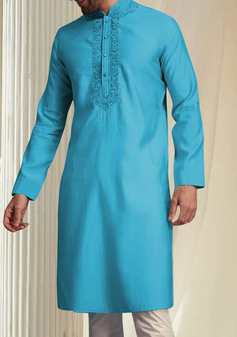 Blue Hand Embroidered Kurta For Men - Indya