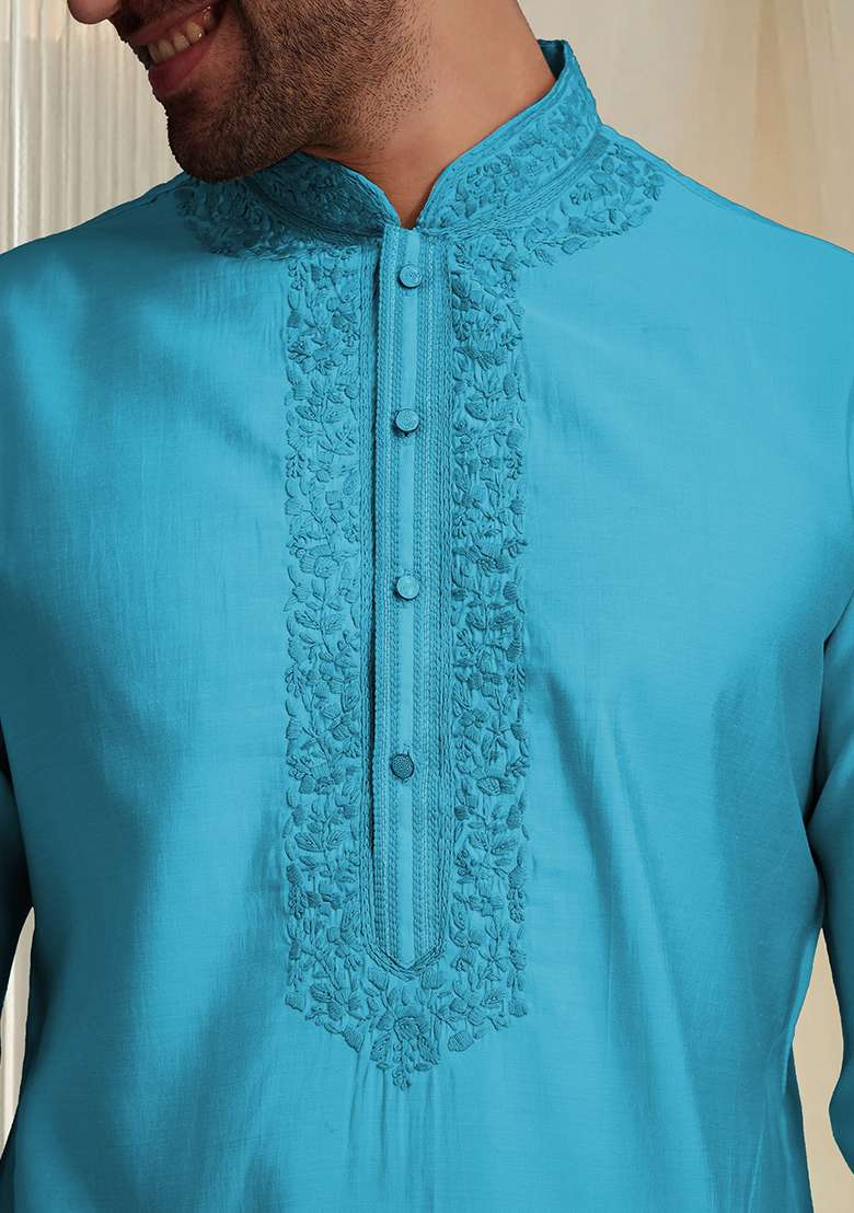 Blue Hand Embroidered Kurta For Men - Indya