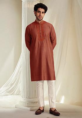 Rusty Brown Hand Embroidered Kurta For Men